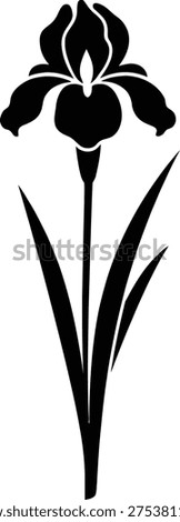 Black silhouette icon of a single iris flower with leaves on transparent background
