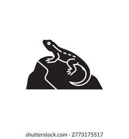 Black silhouette icon of a small lizard resting on a large rock