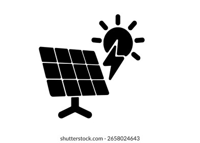 Black silhouette icon of solar panel with sun and lightning bolt symbol, representing renewable energy, solar power technology, sustainability, and eco-friendly electricity generation.