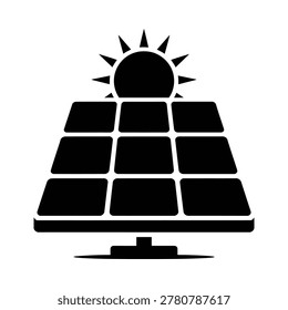 Black silhouette icon of a solar panel with a sun above, set against a white