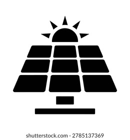 Black silhouette icon of a solar panel with a sun symbol above, set against a