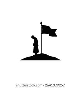 Black Silhouette Icon a Solemn Figure Standing Beside a Flag on a Desert Hill, Symbolizing Remembrance and Mourning on Ashura