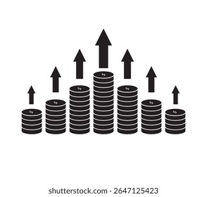  Black silhouette icon of stacked coins forming an upward bar chart. Represents financial growth, savings, profit, and investment. Ideal for business, finance, or economic-themed design projects