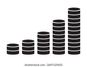  Black silhouette icon of stacked coins forming an upward bar chart. Represents financial growth, savings, profit, and investment. Ideal for business, finance, or economic-themed design projects