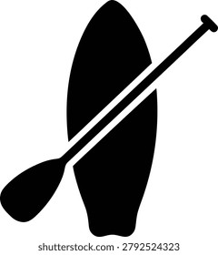 Black silhouette icon of a stand up paddle board and paddle for water sports with paddleboard watersports silhouette recreation vacation equipment exercise activity outdoors minimalist