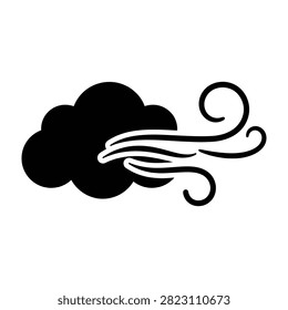 Black silhouette icon of a stormy cloud with blowing wind currents. Minimalist weather symbol representing meteorological forecast, gusty air, climate and storm.