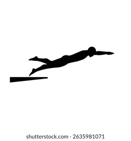 Ícone de silhueta preta Um nadador mergulhando na piscina a partir da plataforma inicial, em um estilo de silhueta minimalista em um fundo branco