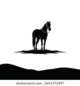 Black Silhouette Icon a Symbolic Horse Without a Rider Standing Silently in the Desert, Representing the Fallen Martyrs of Karbala