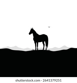 Black Silhouette Icon a Symbolic Horse Without a Rider Standing Silently in the Desert, Representing the Fallen Martyrs of Karbala