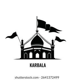 Black Silhouette Icon a Symbolic Shrine Silhouette With Flowing Flags, Commemorating the Tragedy of Karbala