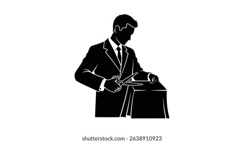 Black Silhouette Icon a Tailor Holding Scissors and Fabric, Preparing to Cut a Pattern