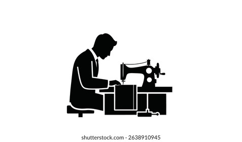 Black Silhouette Icon a Silhouette of a Tailor Seated at a Sewing Machine, Stitching Fabric