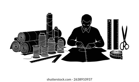 Black Silhouette Icon a Silhouette of a Tailor Surrounded by Spools of Thread, Fabric Rolls, and Measuring Tools