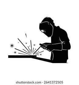 Black Silhouette Icon a Teenager Welding Metal With Sparks Flying, Symbolizing Vocational Training
