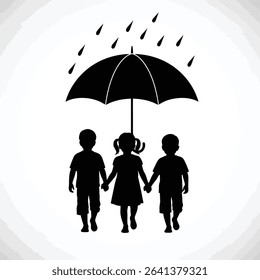 Black Silhouette Icon Three Children Holding Hands While Walking Under a Shared Umbrella in the Rain, Representing Supportive Friendship