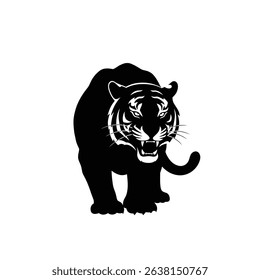Black Silhouette Icon a Silhouette of a Tiger Mid-Snarl, With Ears Pulled Back and Teeth Bared
