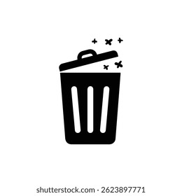Black Silhouette Icon of Trash Bin with Lid Open and Flies Hovering Above