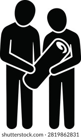 Black silhouette icon of two adults holding a swaddled newborn baby, representing family, parenthood, childcare, and adoption. Ideal for healthcare, parenting resources, maternity services, educational materials, websites, apps, and vector design projects.