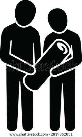 Black silhouette icon of two adults holding a swaddled newborn baby, representing family, parenthood, childcare, and adoption. Ideal for healthcare, parenting resources, maternity services, educational materials, websites, apps, and vector design projects.