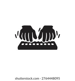 Black silhouette icon of two hands rapidly typing or playing a keyboard instrument, conveying action and speed in technology or music.
