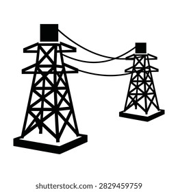 Black silhouette icon of two high voltage electricity transmission towers connected by power lines. Minimalist design representing energy, grid, and infrastructure.