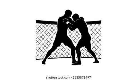 Black Silhouette Icon Two MMA fighters locked in a clinch near the cage wall, in a minimalistic silhouette style on a white background