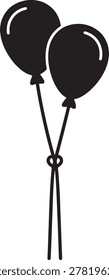 Black silhouette icon of two party balloons tethered together with straight ribbons often used for birthdays or festive occasions white background design element minimal design balloons birthday