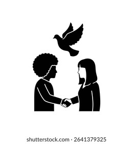Black Silhouette Icon Two People of Different Cultures Shaking Hands Beneath a Dove, Symbolizing Peace and Unity 