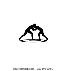 Black Silhouette Icon Two wrestlers locked in a grapple in the center of the mat, in a minimalistic silhouette style on a white background 