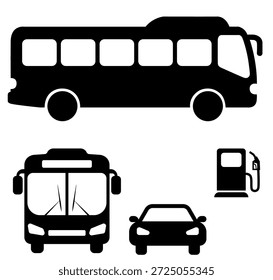 Black silhouette icon vector set of bus, car and gas pump. Public transport, passenger vehicle and fuel station symbols for travel and transportation web design.