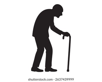 Black silhouette icon of very old man hunched over with cane isolated on white background. Concept of extreme old age, limited mobility, elderly care, fragile senior life, illustration, design element