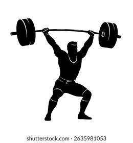 Ícone de silhueta preta Um halterofilista içando uma cabeça pesada de barbell, em um estilo de silhueta minimalista em um fundo branco