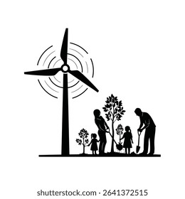 Black Silhouette Icon a Wind Turbine Spinning Beside a Family Planting Trees, Representing Harmony Between Clean Energy and Nature