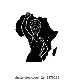 Black Silhouette Icon a Woman of African Descent Raising a Fist With Confidence, Standing Beside the African Continent Outline