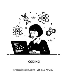Black Silhouette Icon a Woman Coding on a Laptop Surrounded by Science Icons Like Dna, Atom, and Gears