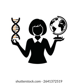 Black Silhouette Icon a Woman Holding a Dna Strand and a Globe, Representing Science and Global Progress