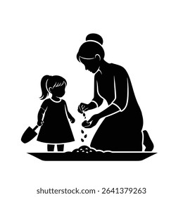 Black Silhouette Icon a Woman Planting Seeds in the Ground With a Young Girl Watching Beside Her, Symbolizing Nurturing and Legacy 
