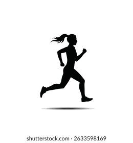 Black Silhouette Icon A woman runner mid-stride with a ponytail flowing behind, in a minimalistic silhouette style on a white background