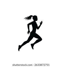 Black Silhouette Icon A woman runner mid-stride with a ponytail flowing behind, in a minimalistic silhouette style on a white background 