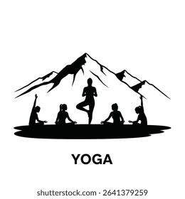 Black Silhouette Icon a Yoga Instructor Guiding a Small Outdoor Class With a Peaceful Mountain Backdrop