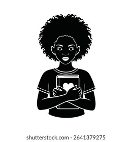 Black Silhouette Icon a Young African Girl With Natural Curly Hair Holding a Book Close to Her Heart, Symbolizing Education and Pride
