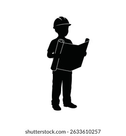 Black Silhouette Icon A young boy wearing a hard hat and holding a blueprint, in a minimalistic silhouette style on a white background.