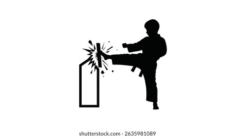 Black Silhouette Icon A silhouette of a young karate kid breaking a board with a powerful strike, in a minimalistic silhouette style on a white background