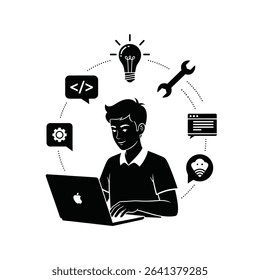 Black Silhouette Icon a Young Person Using a Laptop and Surrounded by Digital Icons Like Code, Wrench, and Lightbulb, Symbolizing Digital Skills Development