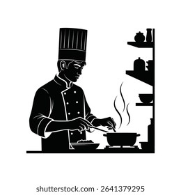 Black Silhouette Icon a Youth Chef Preparing Food in a Kitchen With Steam Rising, Symbolizing Culinary Skills Training