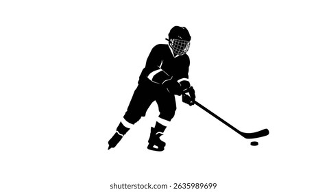Black Silhouette Icon A youth hockey player taking a shot in full gear, in a minimalistic silhouette style on a white background