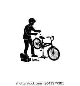 Black Silhouette Icon a Youth Repairing a Bicycle With a Toolkit Beside Them, Representing Hands-on Technical Skills 
