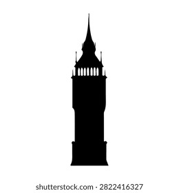 Black silhouette of the iconic Big Ben clock tower in London against a plain background, emphasizing its architectural features and historic significance.