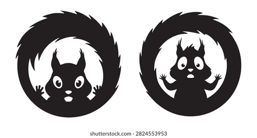 Black silhouette icons of a cute squirrel peeking through a round tail frame set Vector
