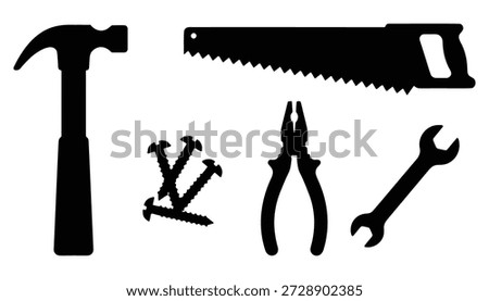 Black silhouette icons displaying construction and repair implements like hammer handsaw pliers wrench and fasteners vector.